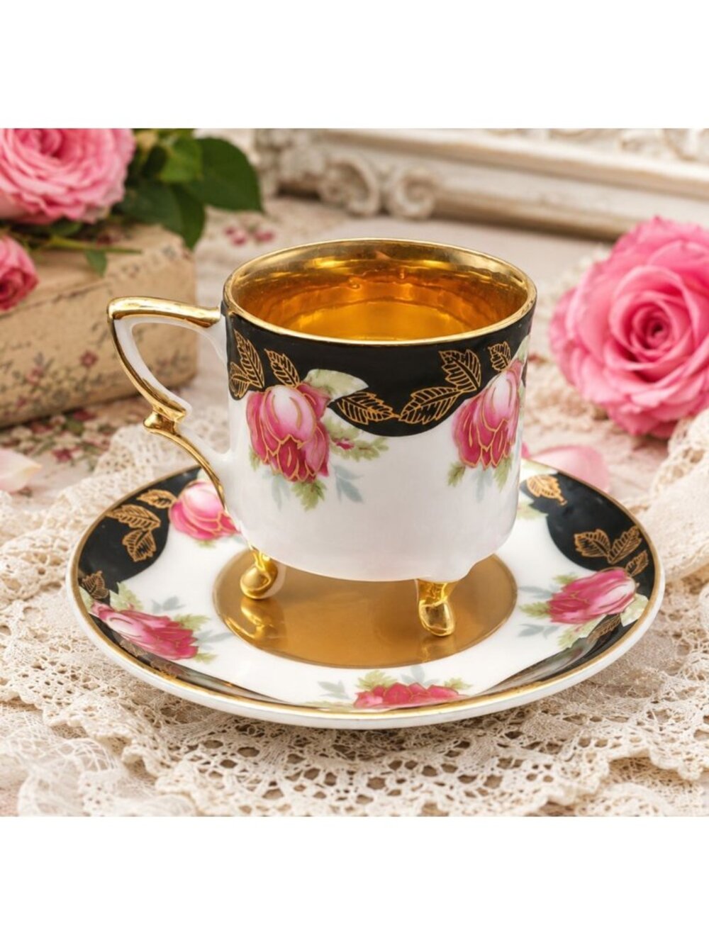 Vintage Lefton Footed Demitasse Cup Saucer #20515 Japan Gold Pink Roses Black
